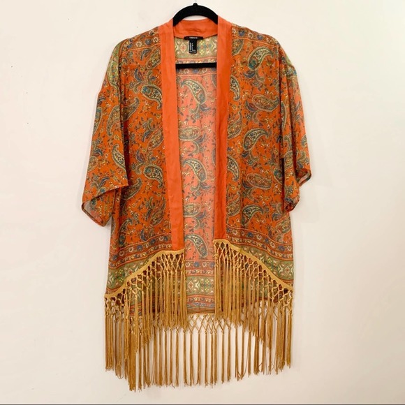 FOREVER 21 Orange Paisley Fringe Kimono Duster - Picture 1 of 6